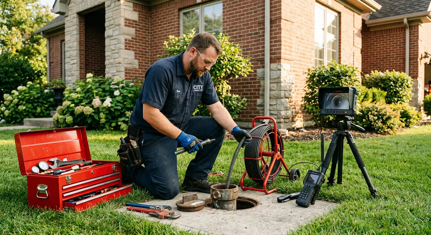 Sewer specialist with camera equipment servicing a cleanout in Wallingford