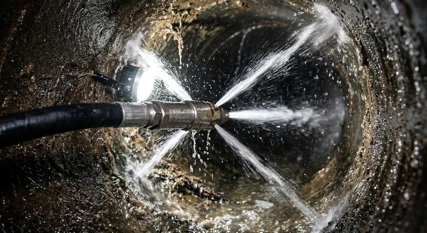 High-pressure hydro jetting nozzle cleaning sewer pipe for Sewer Cleanout in Wallingford