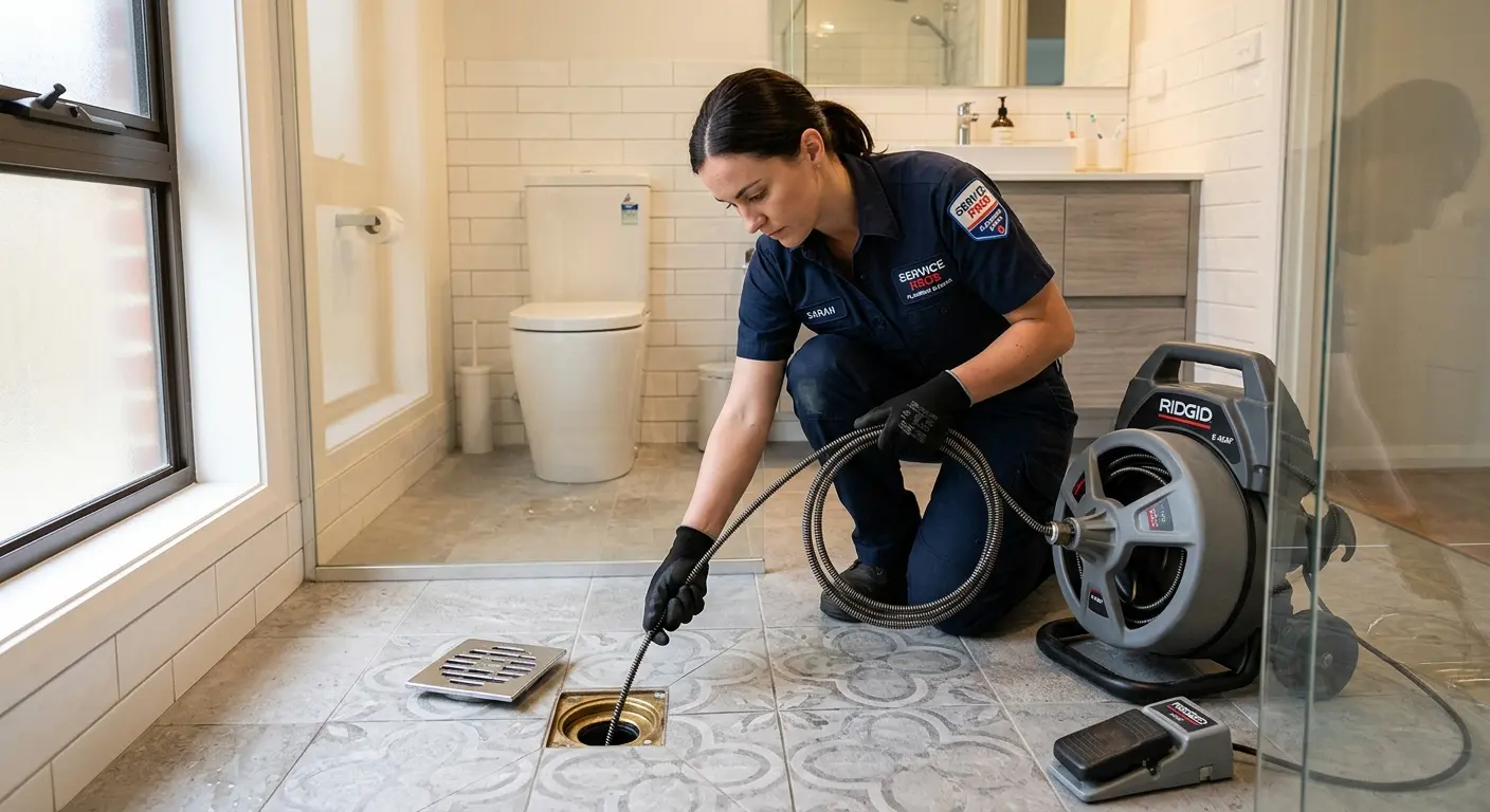 Technician clearing a bathroom floor drain for Sewer Line Replacement in Wallingford
